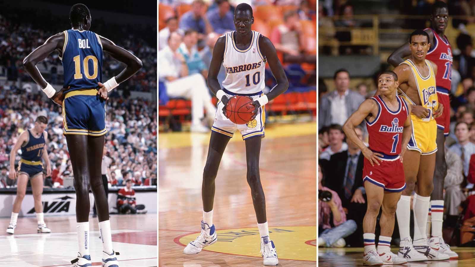 
                <strong>Platz 1 (geteilt): Manute Bol</strong><br>
                • Größe: 2,31 Meter (US-Größe: 7 foot 7 inches)<br>• Teams: Washington Bullets (1985-1988, 1994), Golden State Warriors (1988-1990, 1994), Philadelphia 76ers (1990-1993, 1994), Miami Heat (1993-1994)<br>• Nationalitäten: Sudan, USA<br>• Stats: 1.599 Punkte und 2.647 Rebounds in 625 Spielen<br>
              