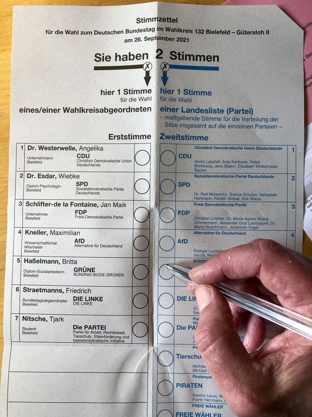 Der Wahlzettel für die Bundestagswahl 2021 am 26. September im Wahlkreis Bielefeld - Gütersloh II. 
