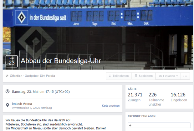 
                <strong>So lacht das Netz über den HSV</strong><br>
                Auf facebook haben sich schon einige Schadenfreudige bei der Veranstaltung "Abbau der Bundesliga-Uhr" angemeldet. Wir haben auf "Vielleicht" gedrückt. Die besten Umzugshelfer waren wir schließlich nie.
              