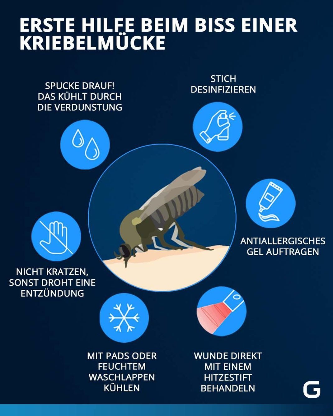 Erste Hilfe beim Biss einer Kriebelmücke: Desinfiziere den Stich, kratze nicht und trage ein antiallergisches Gel auf. Sinnvoll ist auch eine kurze Behandlung mit einem Hitzestift, das beugt Juckreiz vor. Gegen den Juckreiz hilft zur Not auch Spucke, ansonsten Kühlpads.