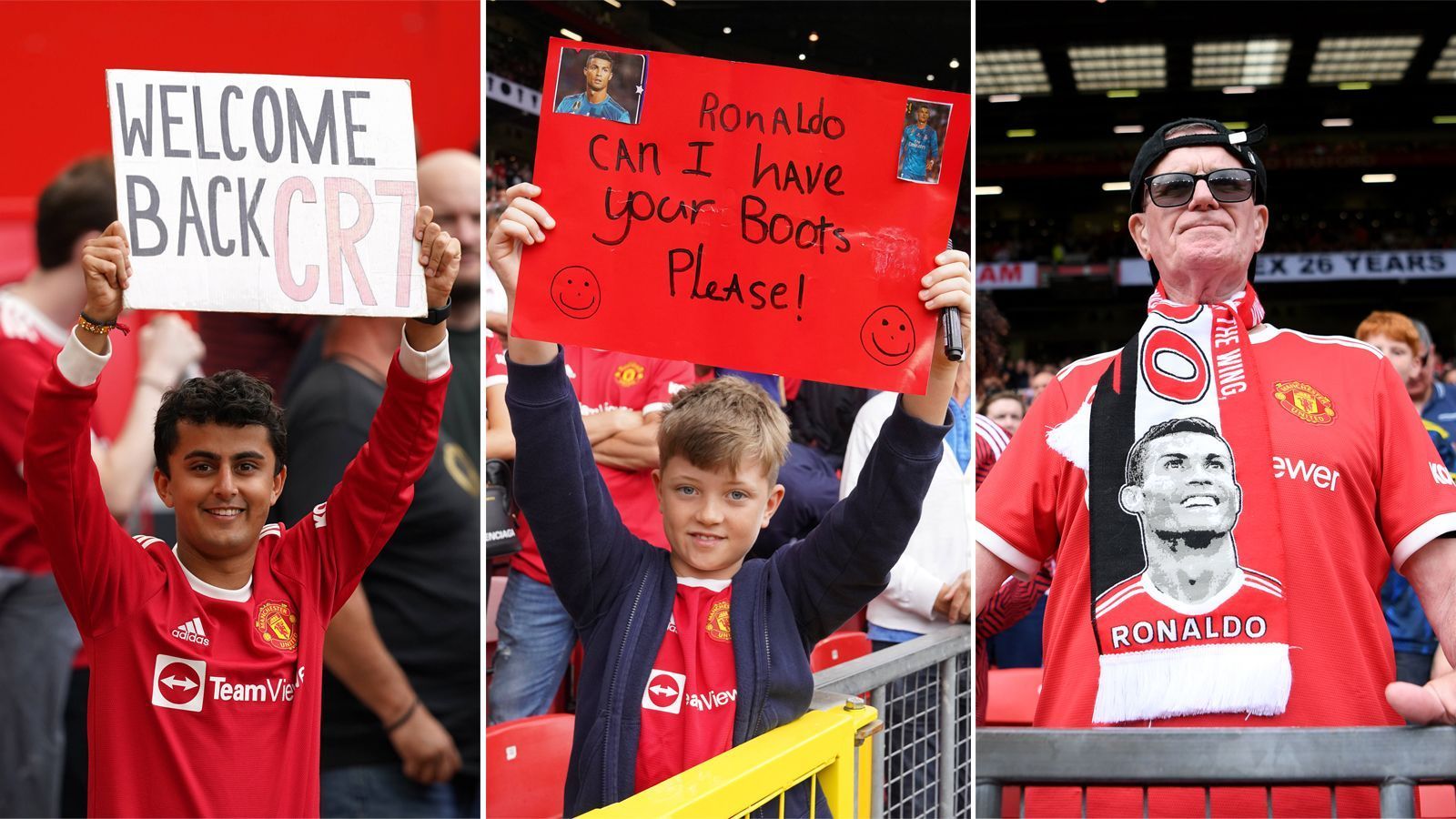 
                <strong>Ronaldo-Mania in Old Trafford: Trikots, Schals und Plakate</strong><br>
                Auch innerhalb des Stadions steht alles im Zeichen der CR7-Rückkehr. Vor allem die jüngeren Fans heißen ihr großes Idol willkommen. Ein junger Fan bittet sogar um Ronaldos Schuhe. 
              