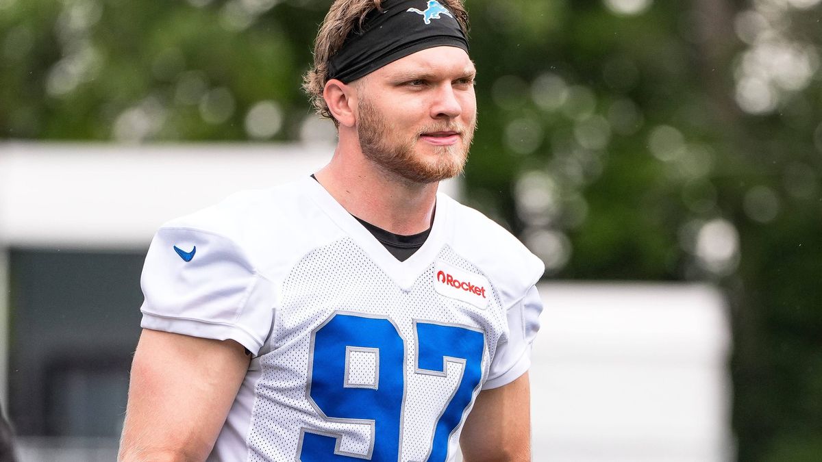 Syndication: Detroit Free Press Detroit Lions defensive end Aidan Hutchinson (97) walks off the field after practice during training camp at Meijer Performance Center in Allen Park on Sunday, July ...