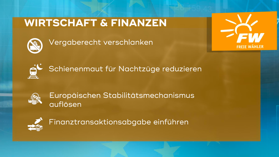 Die zentralen Forderungen der Freien Wähler in Bayern im Bereich "Wirtschaft und Finanzen" zur Europawahl 2024.