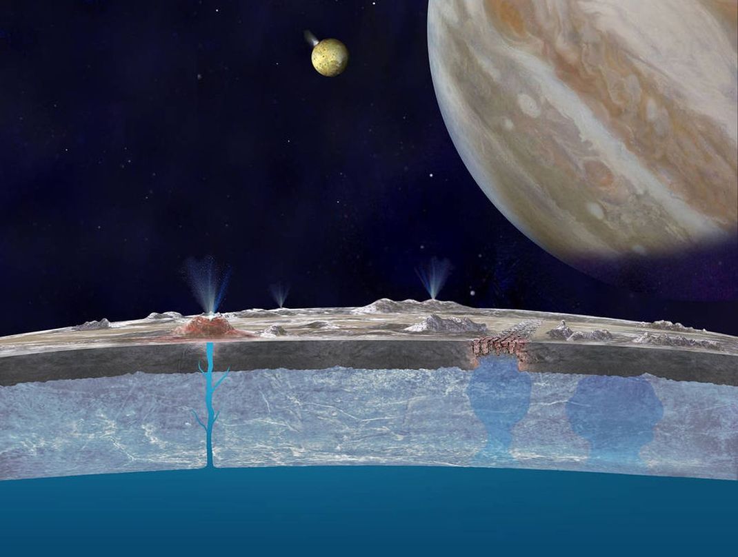 So stellen sich Wissenschaftler:innen die Eiskruste des Eismonds Europa vor.