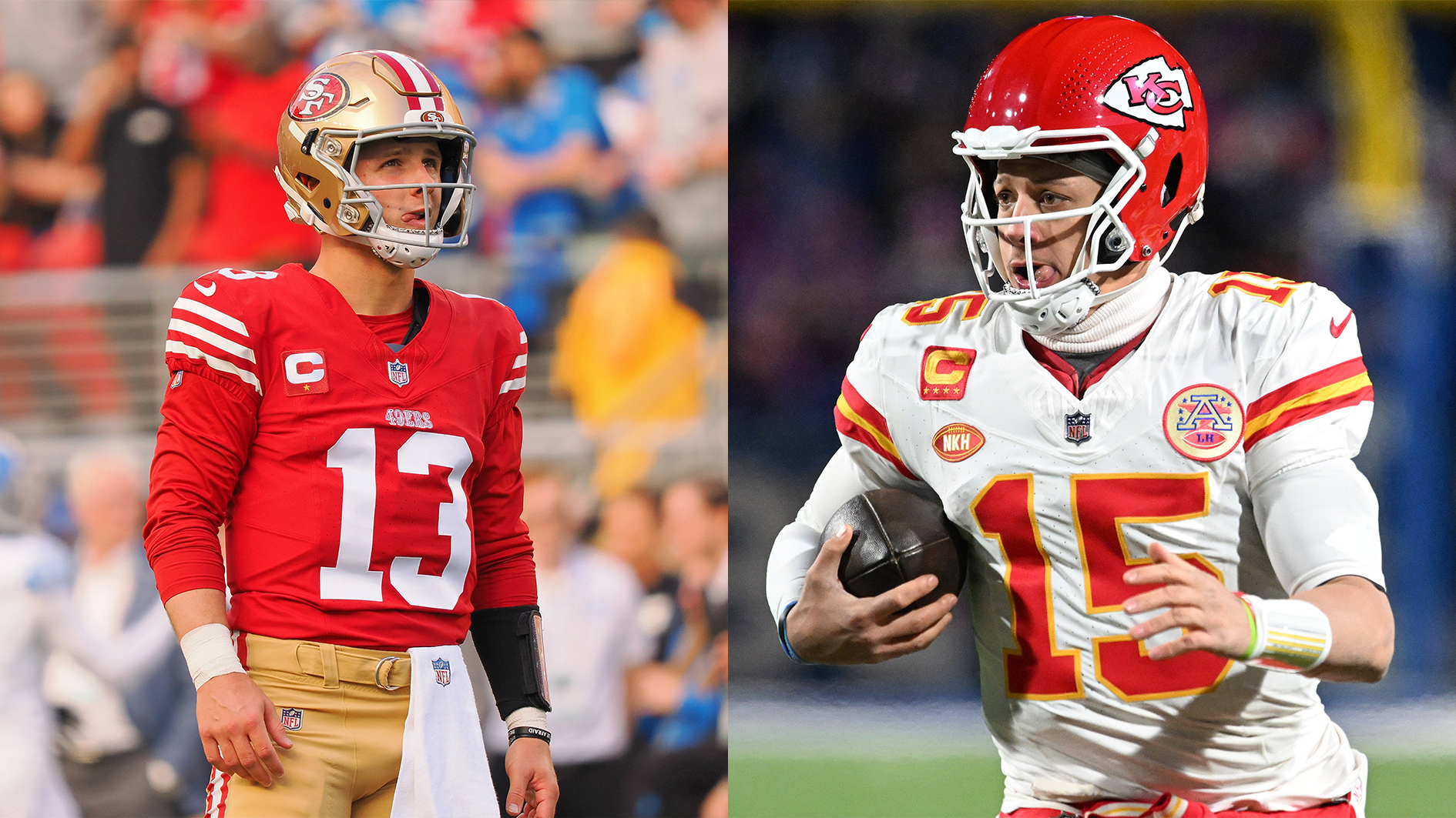 <strong>Brock Purdy gegen Patrick Mahomes</strong><br>Mr. Irrelevant gegen NFL-Mega-Star - Purdy (l.) gegen Mahomes. Als Purdy 2022 als letzter Pick vom Draft-Board ging, dachte wohl noch niemand an ein solches Duell. Glaubt man den Statistiken, spielte Purdy die bessere Regular Season. Vier Touchdowns und 97 Passing Yards mehr sowie ganze drei Interceptions weniger sprechen für den Underdog...