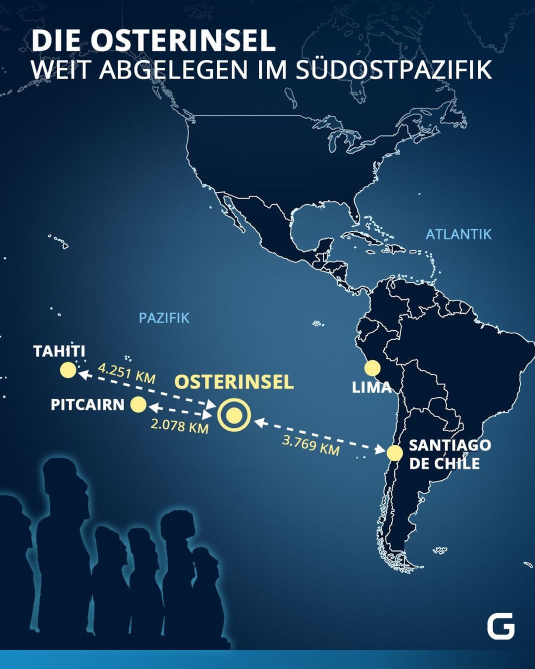 Die Lage der Osterinsel: Die Insel ist weit entlegen im Südpazifik. 