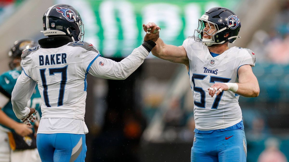 JACKSONVILLE, FL - DECEMBER 29: Tennessee Titans linebacker Luke Gifford (57) and Tennessee Titans linebacker Jerome Baker (17) react after a play between the Jacksonville Jaguars and the Tennessee...