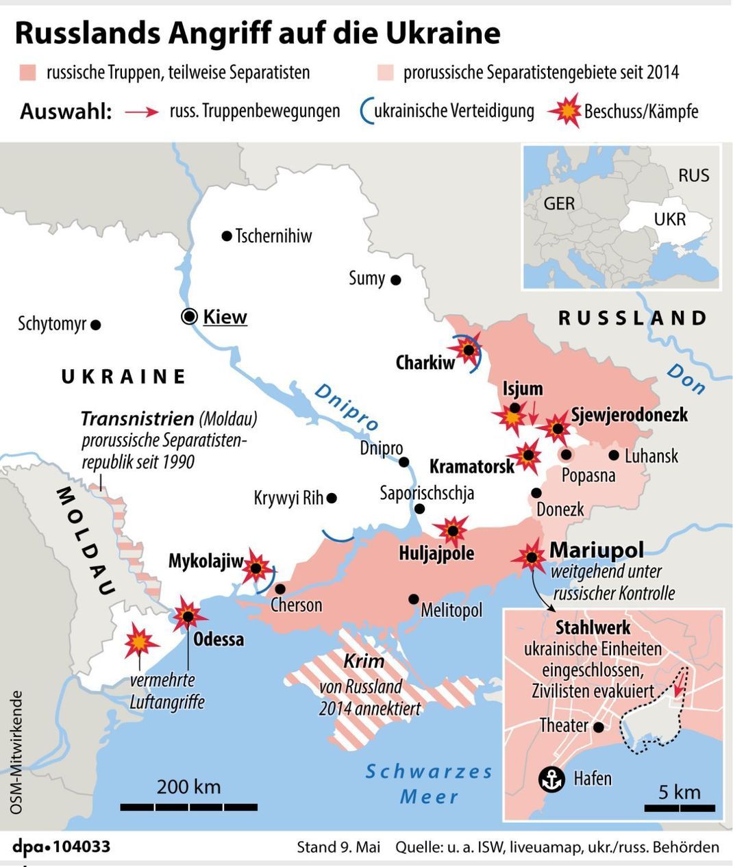Die Karte zeigt die umkämpften Regionen in der Ukraine. Die Frontlinie verläuft zwischen den roten und weißen Feldern. Die gestreiften Gebiete bezeichnen die annektierte Halbinsel Krim sowie der pro-russische Scheinstaat Transnistrien im Nordosten der Republik Moldau. Stand: 9. Mai 2022