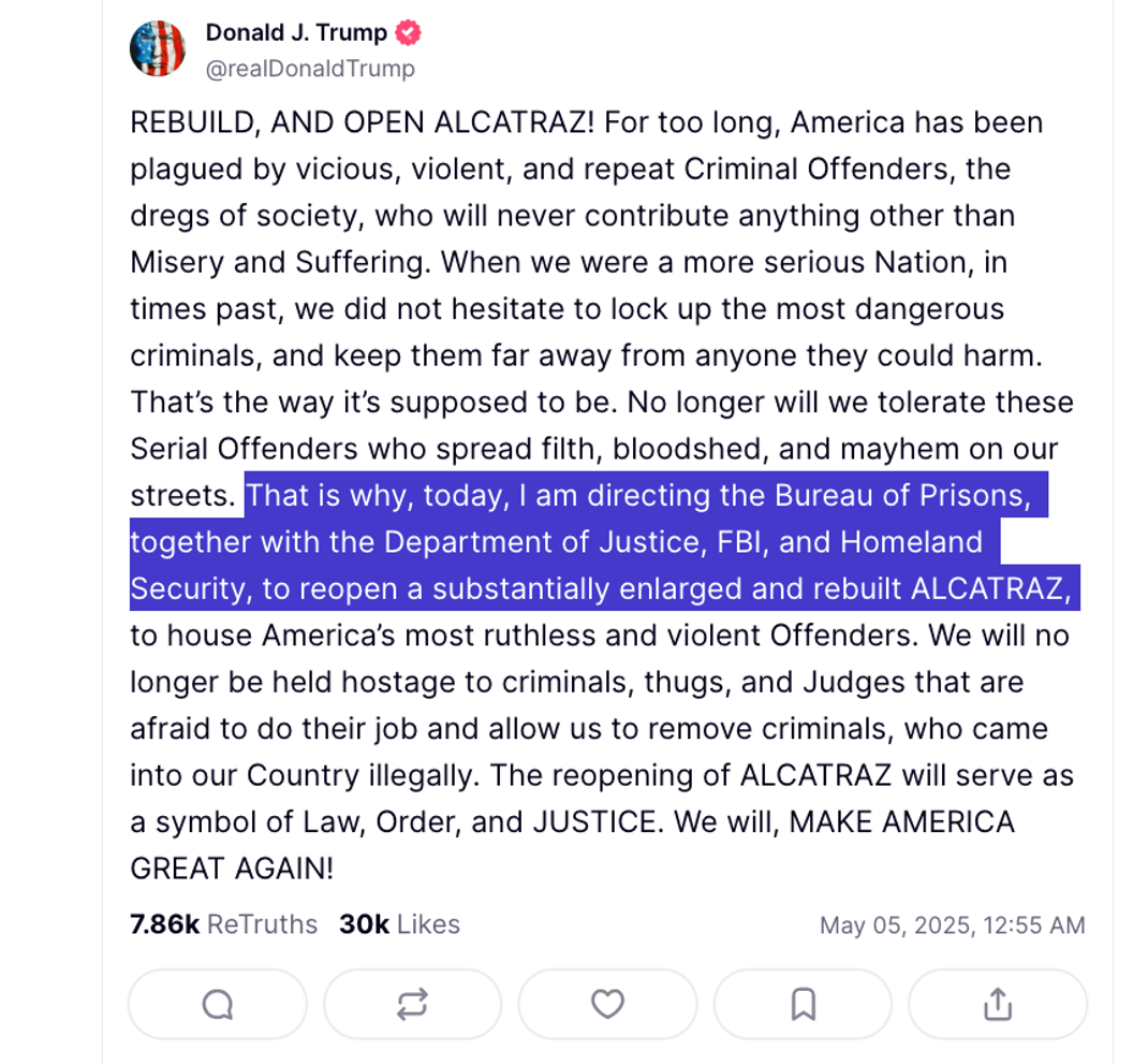 Donald Trump zu einer Wiedereröffnung des Alcatraz Gefängnisses. 