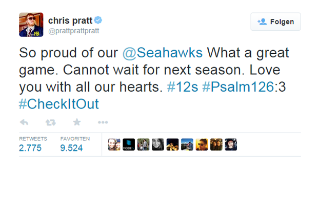 
                <strong>Chris Pratt</strong><br>
                Der "Guardians of the Galaxy"-Star zeigte sich trotz der Niederlage als echter Fan seines Teams. 
              