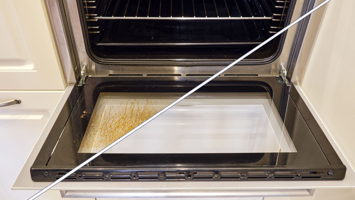 Dirty and clean oven, before and after cleaning and washing the stove glass. Washed grease on the oven window door, collage