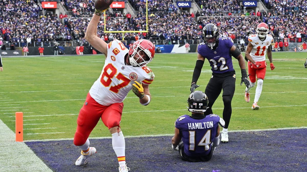 Kansas City Chiefs tight end Travis Kelce (87) celebrates after scoring on a pass from quarterback Patrick Mahomes in the first quarter against the Baltimore Ravens during the 2024 AFC Championship...