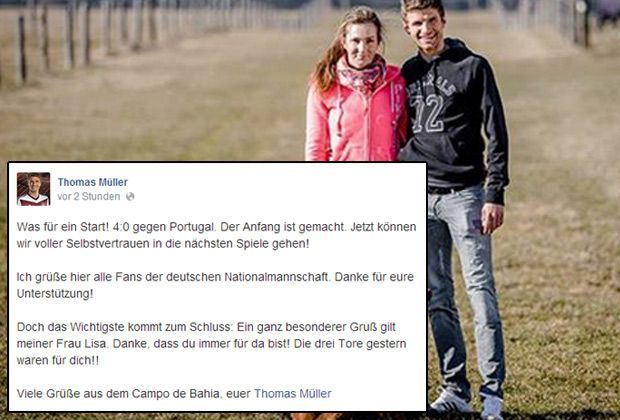 
                <strong>Müllers Liebeserklärung</strong><br>
                Nach dem 4:0-Sieg über Portugal richtet der dreifache deutsche Torschütze Thomas Müller bei Facebook einen liebevollen Gruß an seine Frau Lisa.
              