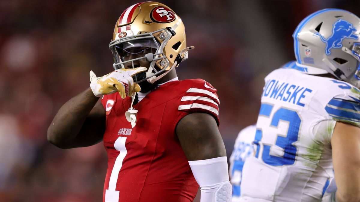 NFL, American Football Herren, USA Detroit Lions at San Francisco 49ers Dec 30, 2024; Santa Clara, California, USA; San Francisco 49ers wide receiver Deebo Samuel Sr. (1) celebrates after a play du...