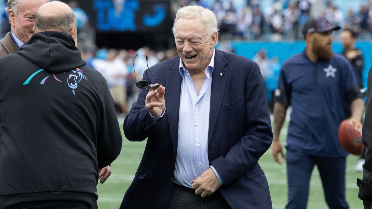 October 12, 2025; Charlotte, North Carolina, USA; owner of the Carolina Panthers David Tepper talks with the owner of Dallas Cowboys Jerry Jones at Bank of America Stadium in Charlotte, NC. CSM Cha...