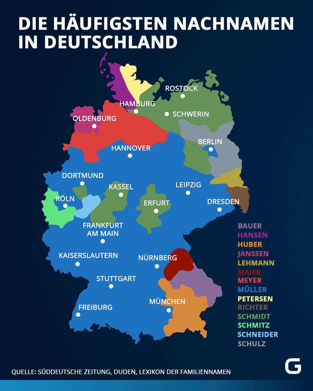 Die häufigsten Nachnamen in Deutschland unterteilt nach Regionen.