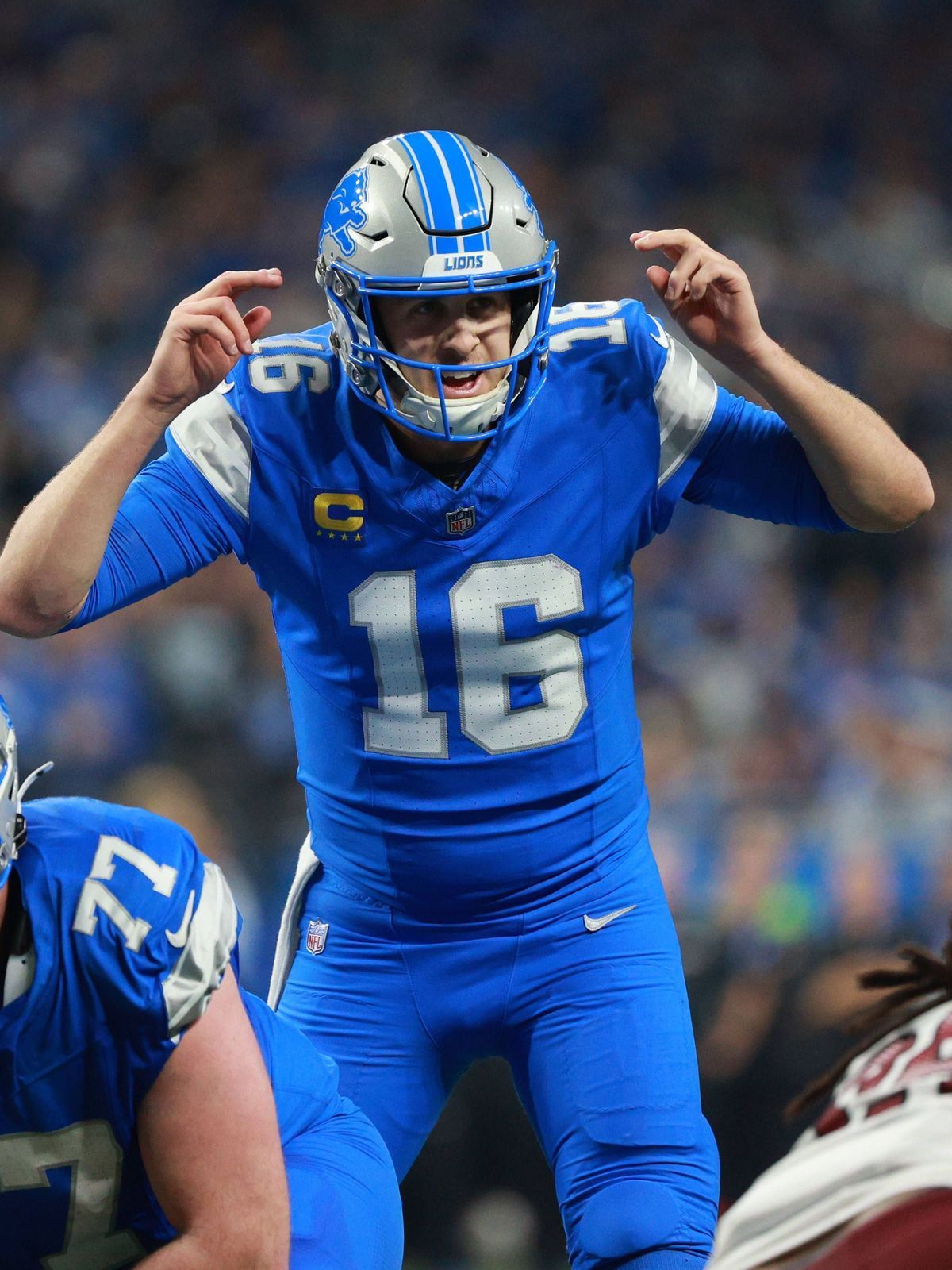 Washington Commanders vs Detroit Lions DETROIT,MICHIGAN-January 18: Detroit Lions quarterback Jared Goff 16 calls a play during the second half of an NFL, American Football Herren, USA Divisional P...