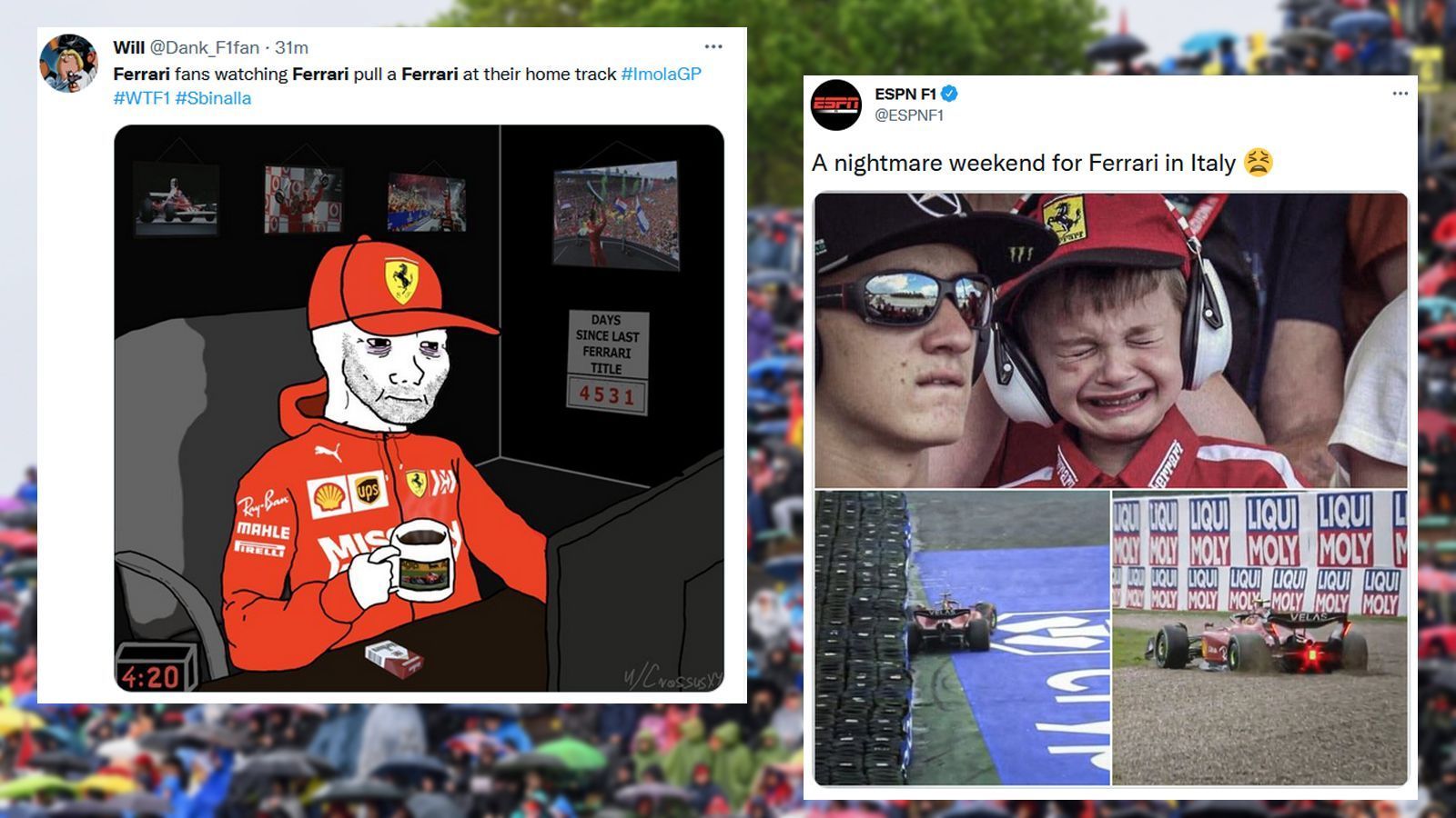 
                <strong>Ferrari-Fans sind gebrochen</strong><br>
                Den Ferrari-Fans ging es gar nicht gut - selbst die kleinsten Scuderia-Anhänger hatten mit dem frühen Ausfall von Sainz und dem Fahrfehler von Leclerc zu kämpfen.
              