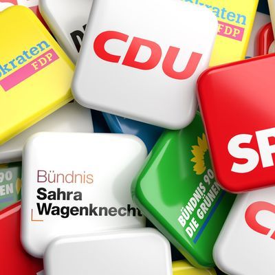 Logos of the biggest German nationwide operating political parties (CDU, SPD, Die Grünen, FDP, Die Linke, BSW, AfD) on a heap on a table.