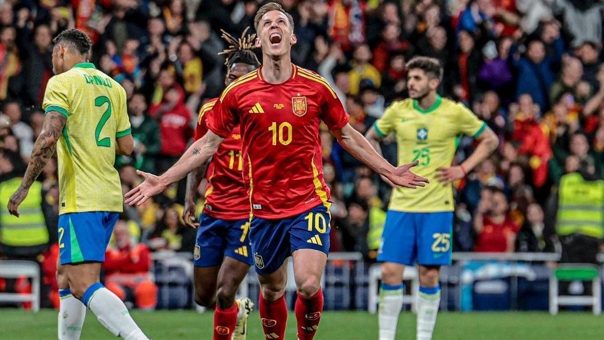 RECORD DATE NOT STATED Friendly game between Spain and Brazil MADRID (ES) 03 26 2024-FOOTBALL FRIENDLY FRIENDS SPAIN BRAZIL- The player Dani Olmo celebrates his goal, during a match between Spain a...