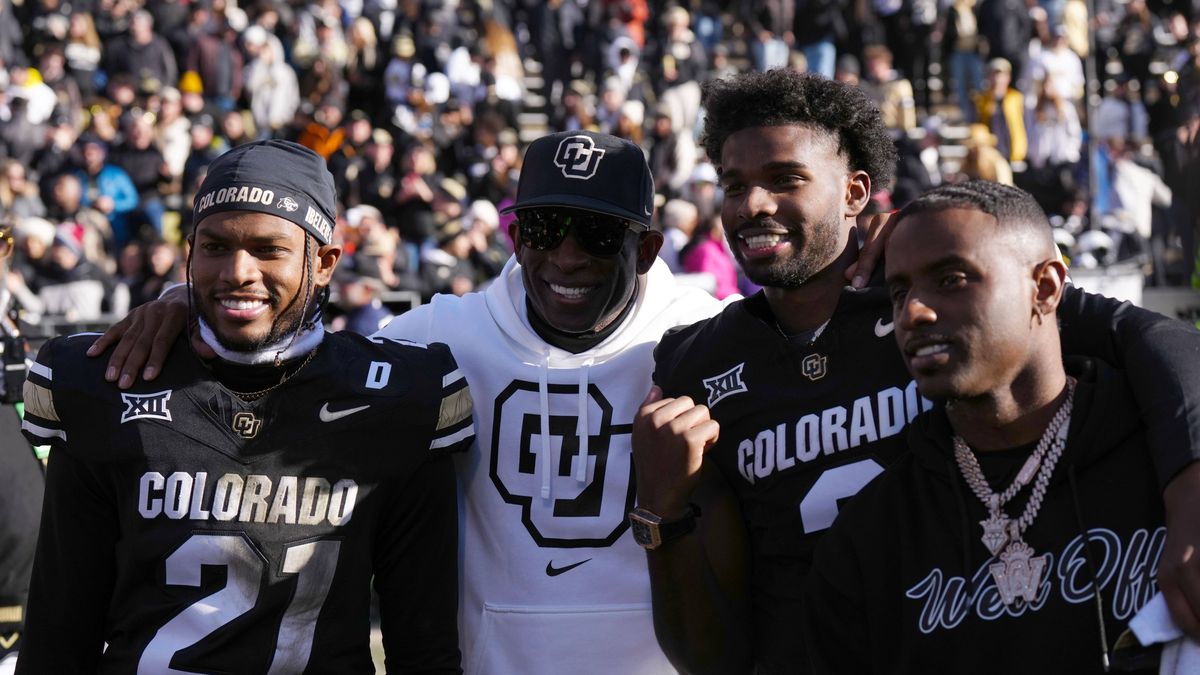 NCAA, College League, USA Football: Oklahoma State at Colorado Nov 29, 2024; Boulder, Colorado, USA; Colorado Buffaloes safety Shilo Sanders (21) and head coach Deion Sanders and quarterback Shedeu...