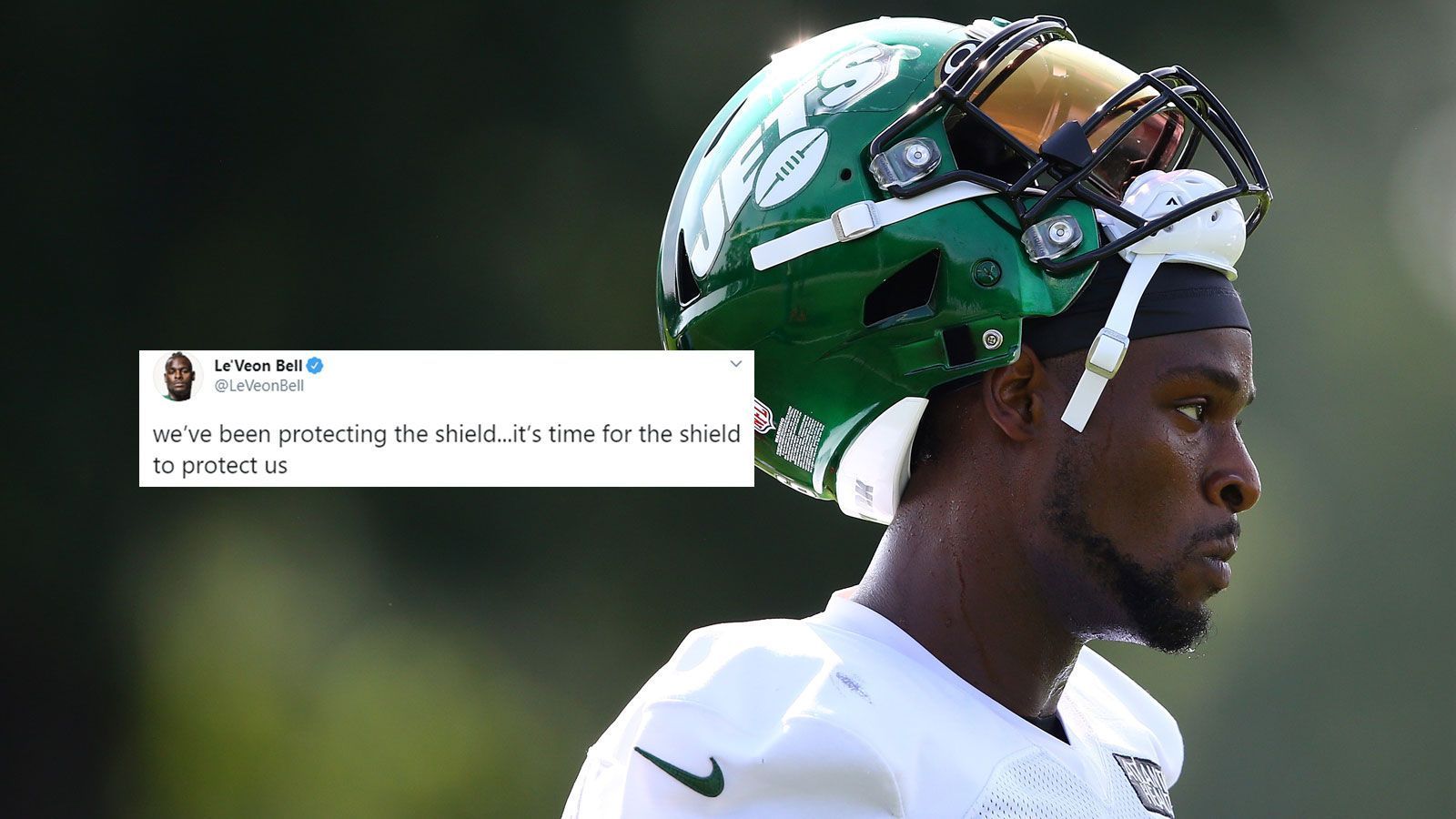 
                <strong>Le'Veon Bell (New York Jets)</strong><br>
                "Wir haben das Wappen beschützt. Es wird langsam Zeit, dass das Wappen uns beschützt", polterte der Star-Running-Back auf Twitter. Mit diesem klaren Statement richtet sich Bell gegen die NFL und ihr bekanntes Wappen (engl. "shield"; Anm. d. Red.) und fordert Commissioner Roger Goodell zum Handeln auf.
              