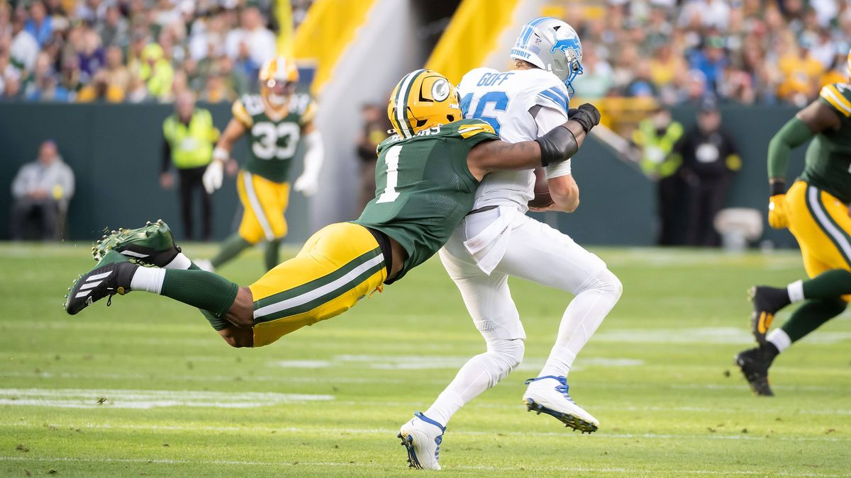 September 7, 2025: Green Bay Packers defensive end Micah Parsons (1) chases Detroit Lions quarterback Jared Goff (16) during a game in Green Bay, WI. Packers defeated Lions, 27-13. Cal Media. Green...