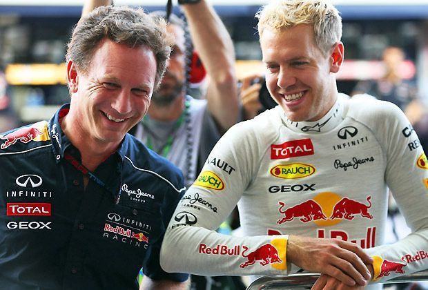 
                <strong>Gut gelaunt</strong><br>
                Mit einem Lächeln und siegessicher kommen Red-Bull-Teamchef Christian Horner und Sebastian Vettel an die Strecke
              