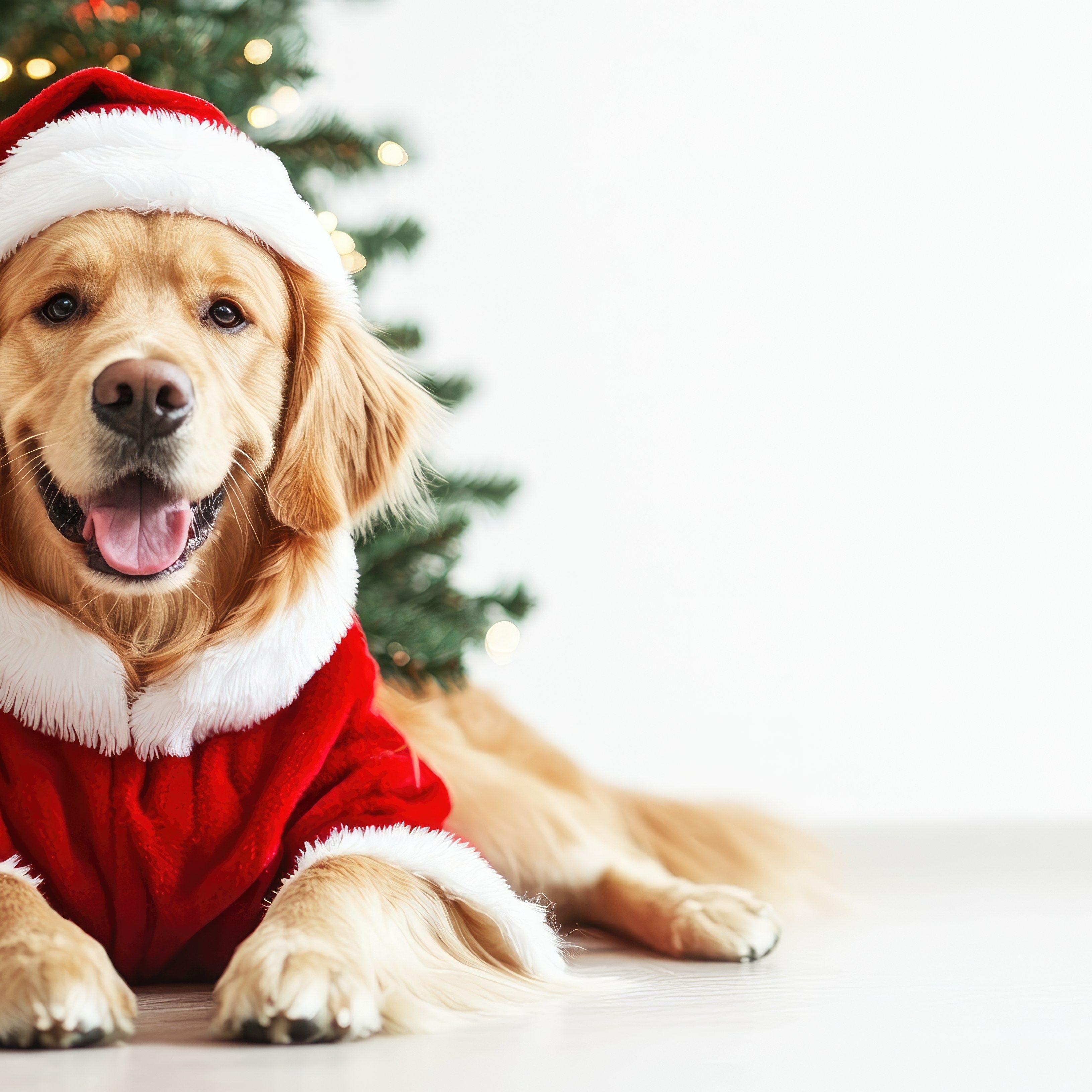 Santa dog! Golden Retriever dressed as Santa Claus, lying beside a decorated Christmas tree. White background offers space for holiday text, perfect for banners or promotions.