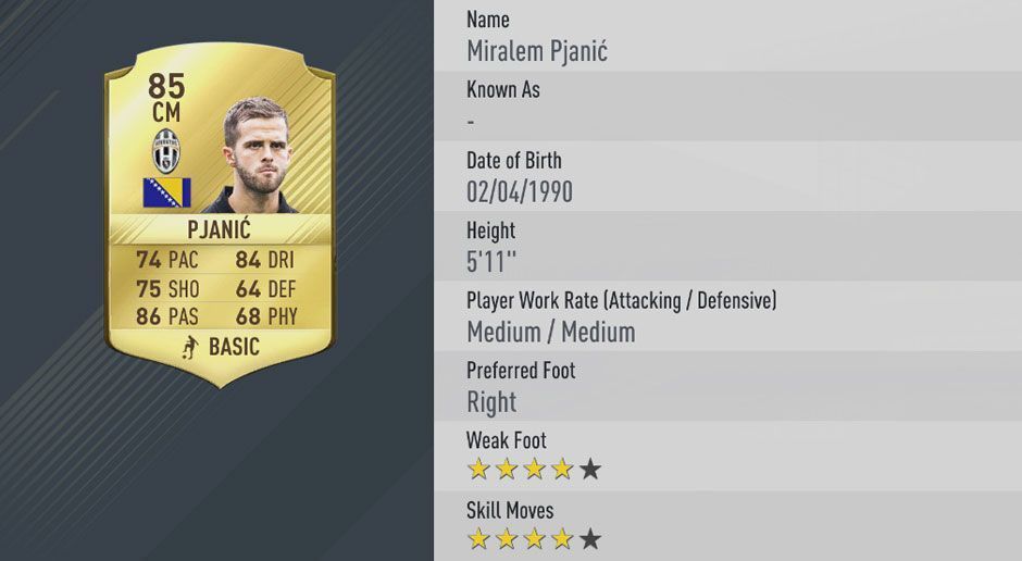 
                <strong>Platz 3: Miralem Pjanic (Juventus Turin) - Gesamt-Stärke: 85</strong><br>
                Platz 3: Miralem Pjanic (Juventus Turin) - Gesamt-Stärke: 
              