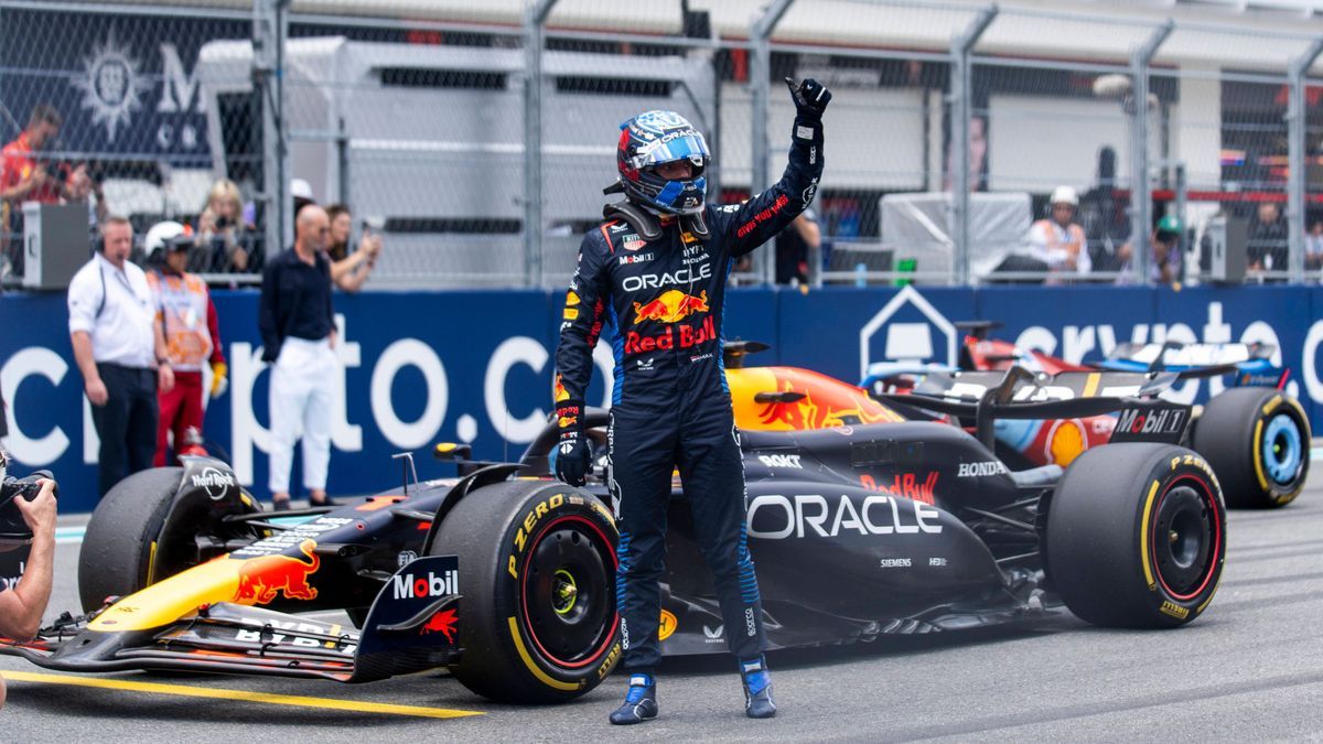 Dutch Formula One driver Max Verstappen of Red Bull Racing waves to fans after winning the sprint race during the Formula One Miami Grand Prix at the Miami International Autodrome in Miami Gardens,...