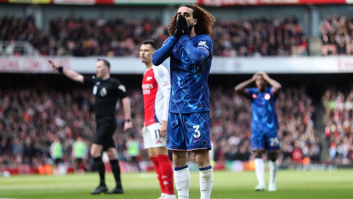 Premier League Arsenal v Chelsea Marc Cucurella of Chelsea reacts during the Premier League match Arsenal vs Chelsea at Emirates Stadium, London, United Kingdom, 16th March 2025 (Photo by Izzy Pole...