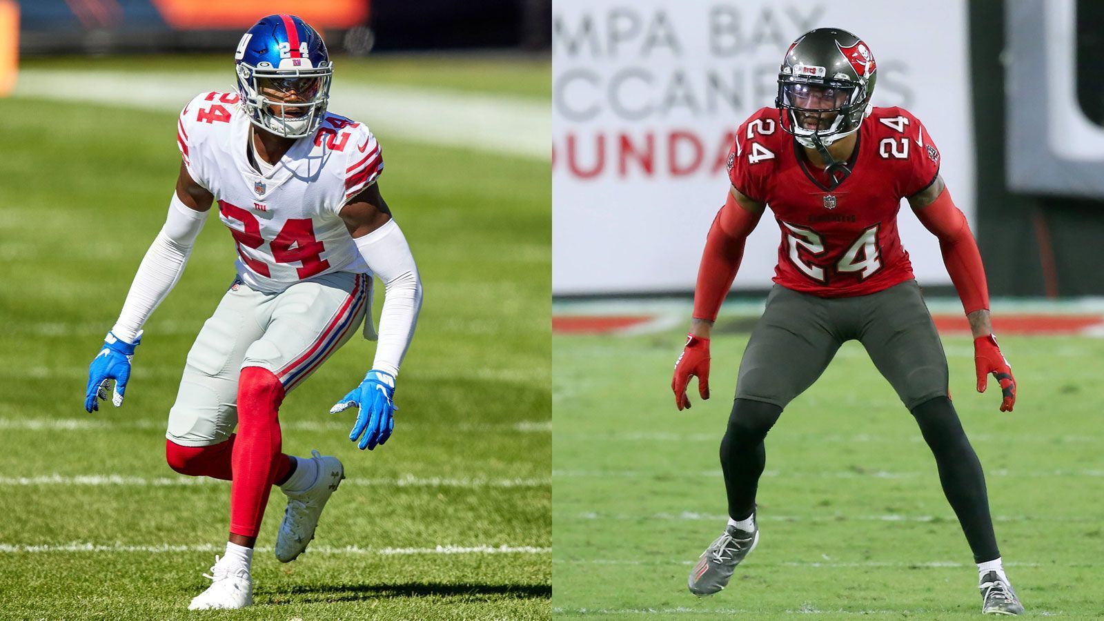 
                <strong>NFC - Cornerbacks (zwei Spieler)</strong><br>
                James Bradberry (New York Giants; li.) und Carlton Davis (Tampa Bay Buccaneers; re.) - Beide Cornerbacks kommen jeweils auf 14 verteidigte Pässe und stehen damit an der Spitze der NFL. Davis hat mit vier Interceptions die Oberhand gegenüber Bradberry (drei Interceptions), allerdings spielen beide auf einem ähnlich hohen Niveau. Für beide Verteidiger ist es die erste Pro-Bowl-Nominierung.
              