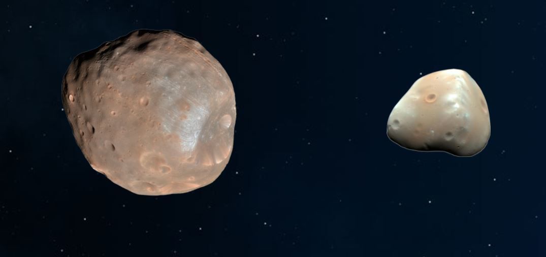 2 Monde umkreisen den roten Planeten: Phobos und Deimos, griechisch für Furcht und Schrecken. Sie sind jedoch eher schrecklich klein und wiegen nicht einmal ein Hundertstel des Erdmondes. 