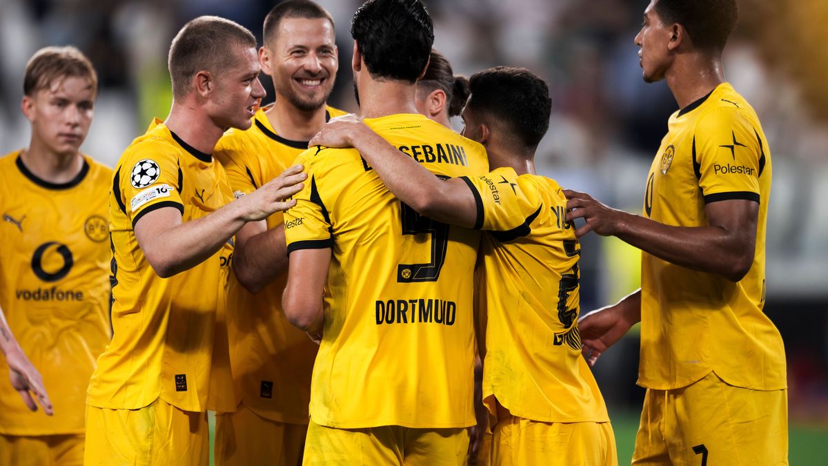 Juventus FC v Borussia Dortmund - UEFA Champions League Ramy Bensebaini of Borussia Dortmund celebrates with teammates after scoring a goal during the UEFA Champions League 2025 26 league phase foo...