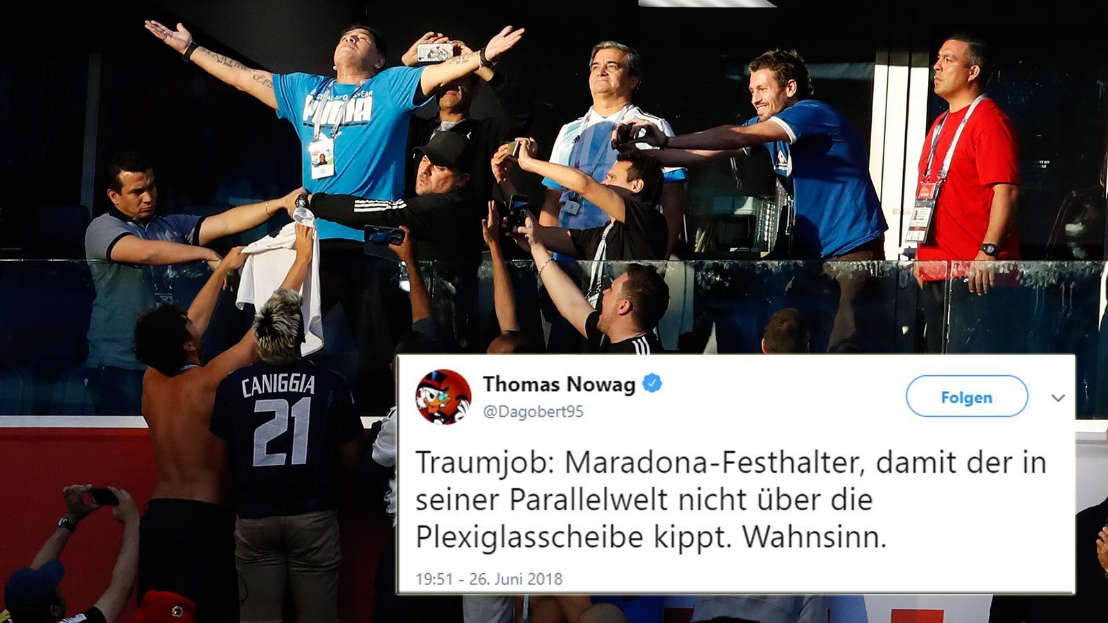 
                <strong>Maradona geht auf der Tribüne steil</strong><br>
                Damit Maradona nicht von der Tribüne purzelt, hat er sogar einen Ordner, der ihn festhält. Für den feierwütigen Argentinier sicher nicht das Dümmste.
              