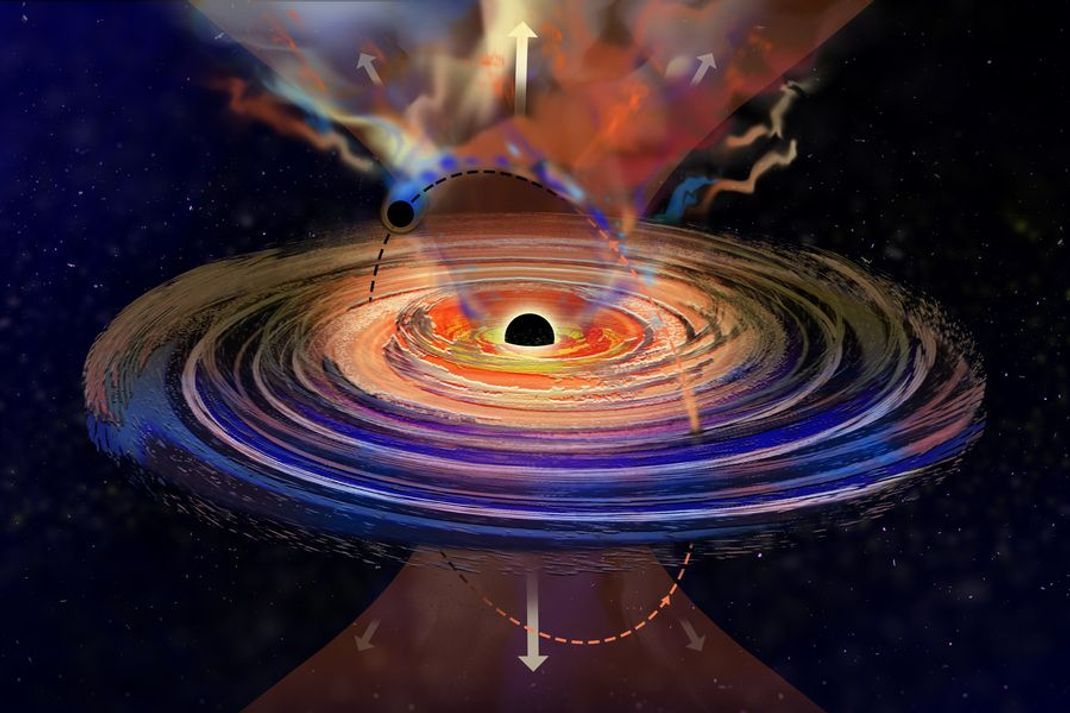 Wissenschaftler:innen haben ein großes Schwarzes Loch gefunden das "Schluckauf" hat und Gasschwaden ausstößt.