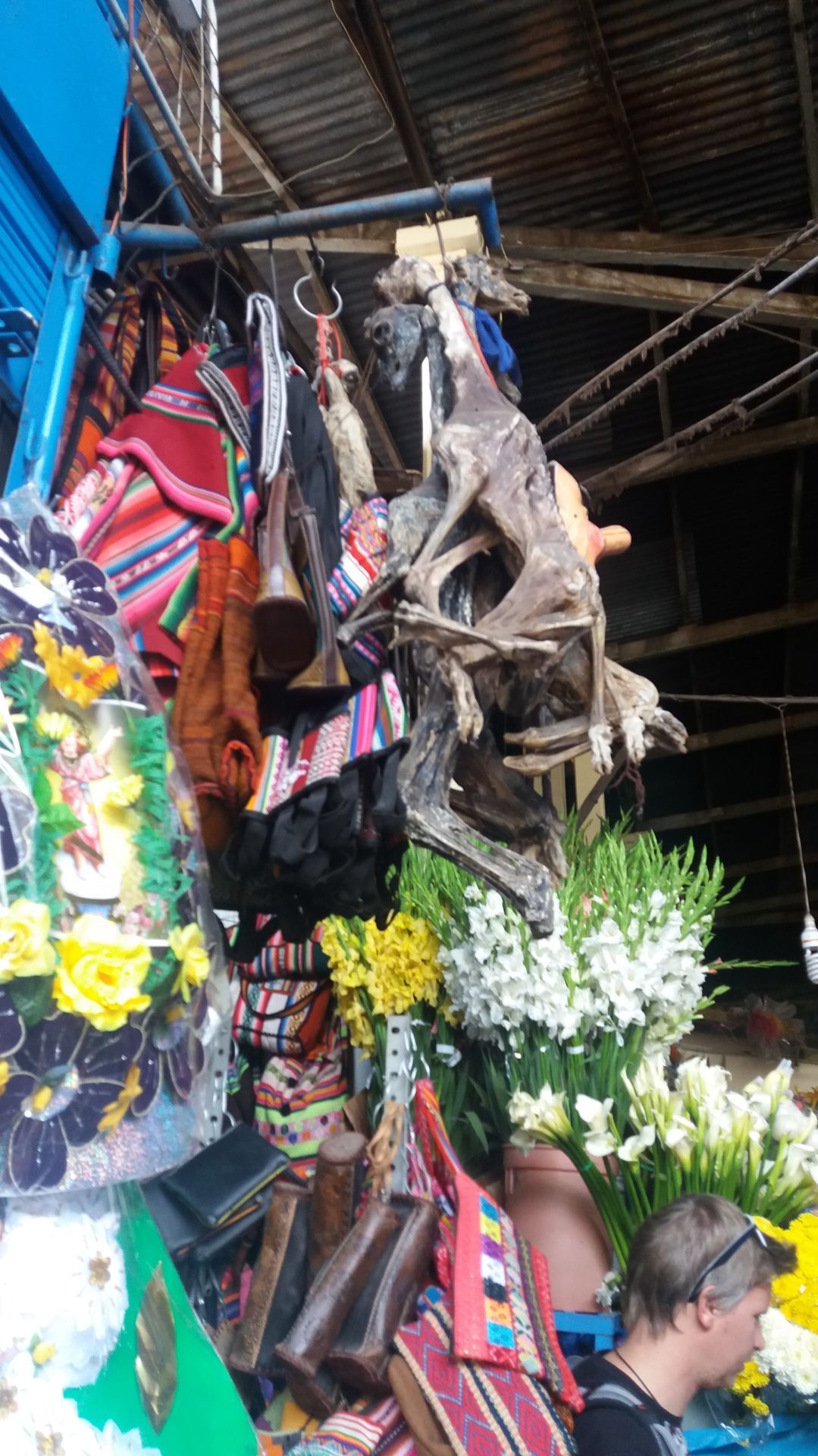 Ja, richtig gesehen: Auf dem Markt hängen getrocknete Lamaföten. Sie gelten als Glücksbringer. Schon für die Inkas waren es heilige Opfertiere.