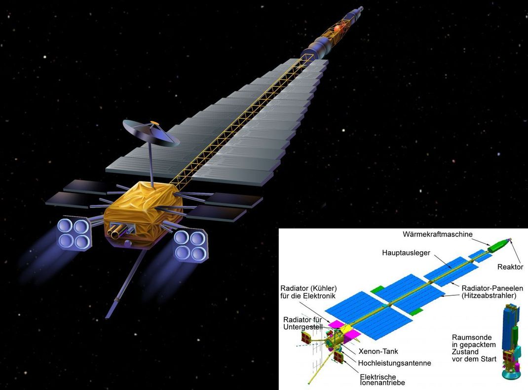 Die NASA wollte eine Sonde mit einem Kernreaktor ausstatten, der 2 Ionentriebwerke mit Strom versorgt hätte. Die Sonde Jupiter Icy Moons Orbiter sollte die eisigen Monde Ganymed, Kallisto und Europa des Riesenplaneten Jupiter erforschen. Die Sonde wurde aber nie gebaut - zu teuer.