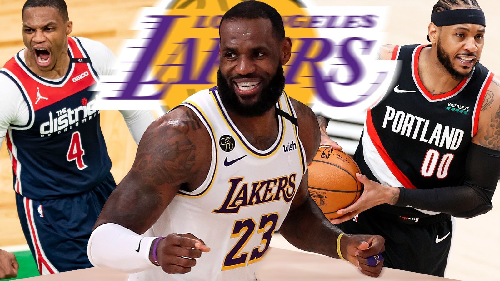 
                <strong>LeBron, Melo, Westbrook & Co.: Die Oldtime Lakers greifen an</strong><br>
                Die Los Angeles Lakers basteln weiter an ihrem Team der Routiniers um Superstar LeBron James. Neuester Höhepunkt: die Verpflichtung des 37-jährigen Carmelo Anthony (r.). Auch am ersten Tag der Free Agency angelte sich die Franchise gleich vier Spieler über 30. Schon zuvor wurde die Einigung mit Superstar Russell Westbrook (l.) von den Washington Wizards bekannt.
              