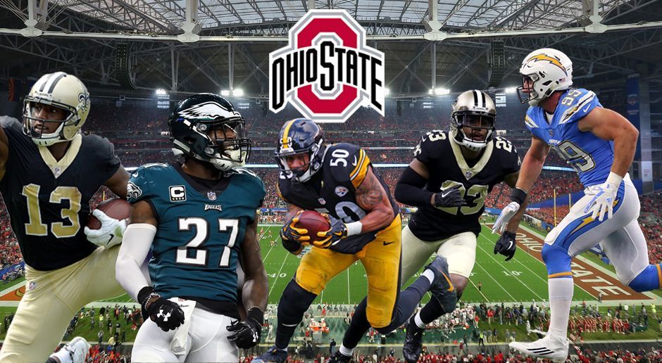 
                <strong>Ohio State University (OSU)</strong><br>
                Fünf Spieler (von links nach rechts):Michael Thomas, WR, New Orleans SaintsMalcolm Jenkins, S, Philadelphia EaglesRyan Shazier, LB, Pittsburgh SteelersMarshon Lattimore, CB, New Orleans SaintsJoey Bosa, LB, Los Angeles Chargers
              