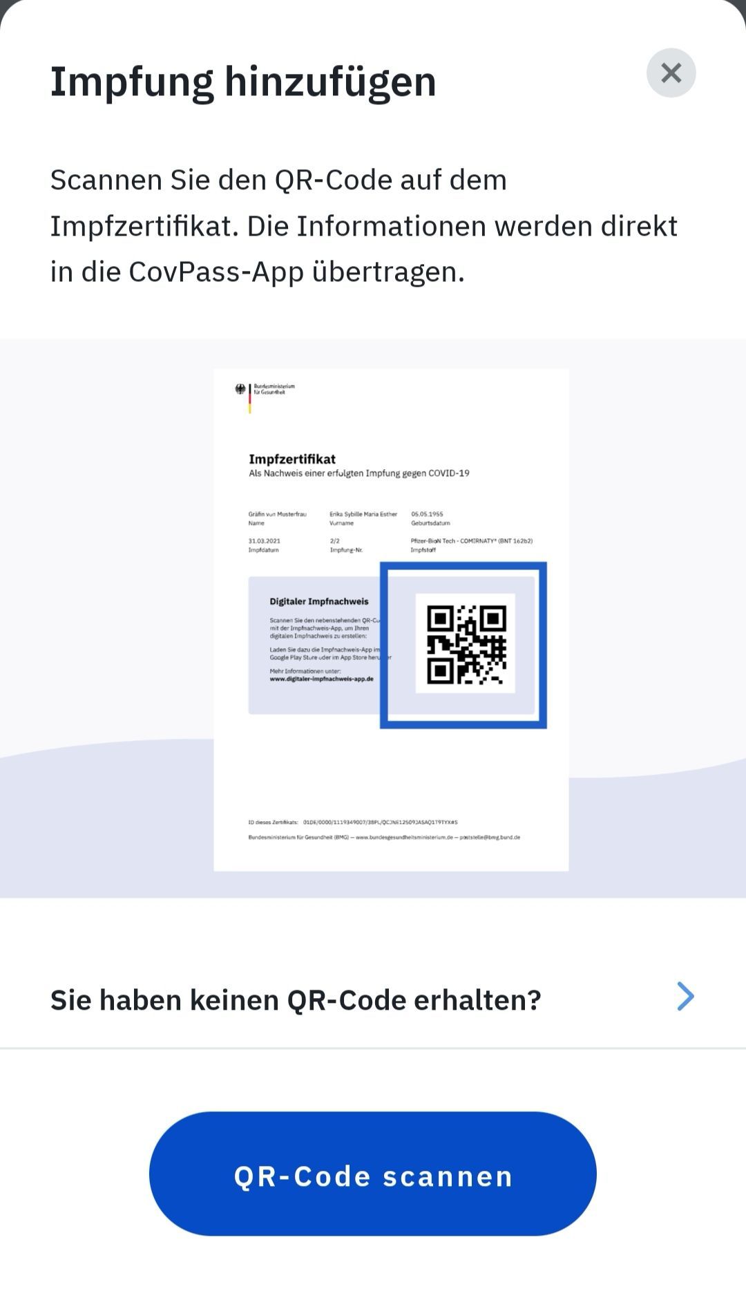 So sieht das Fenster aus, über das du dein Impfzertifikat in der CovPass-App abscannen kannst.