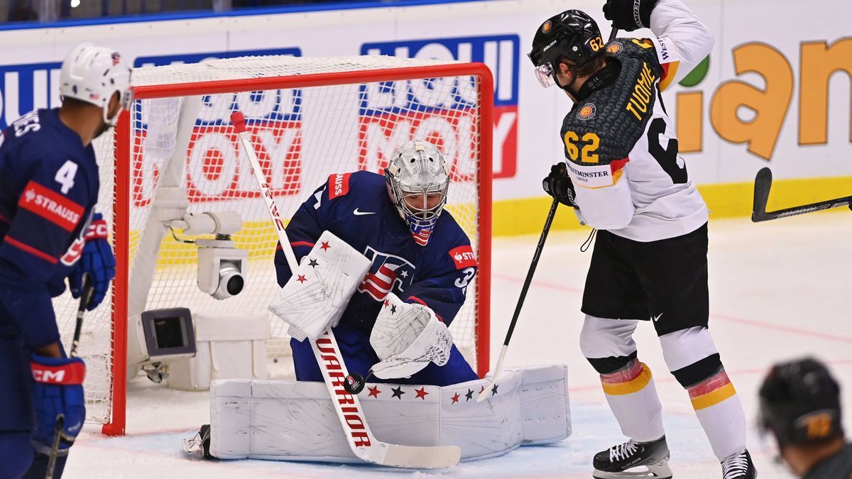 Germany vs USA group B match of the 2024 IIHF World Championship, WM, Weltmeisterschaft in Ostrava, Czech Republic, on May 11, 2024. Alex Lyon, goalie of USA, centre, and at right is Parker Tuomie ...