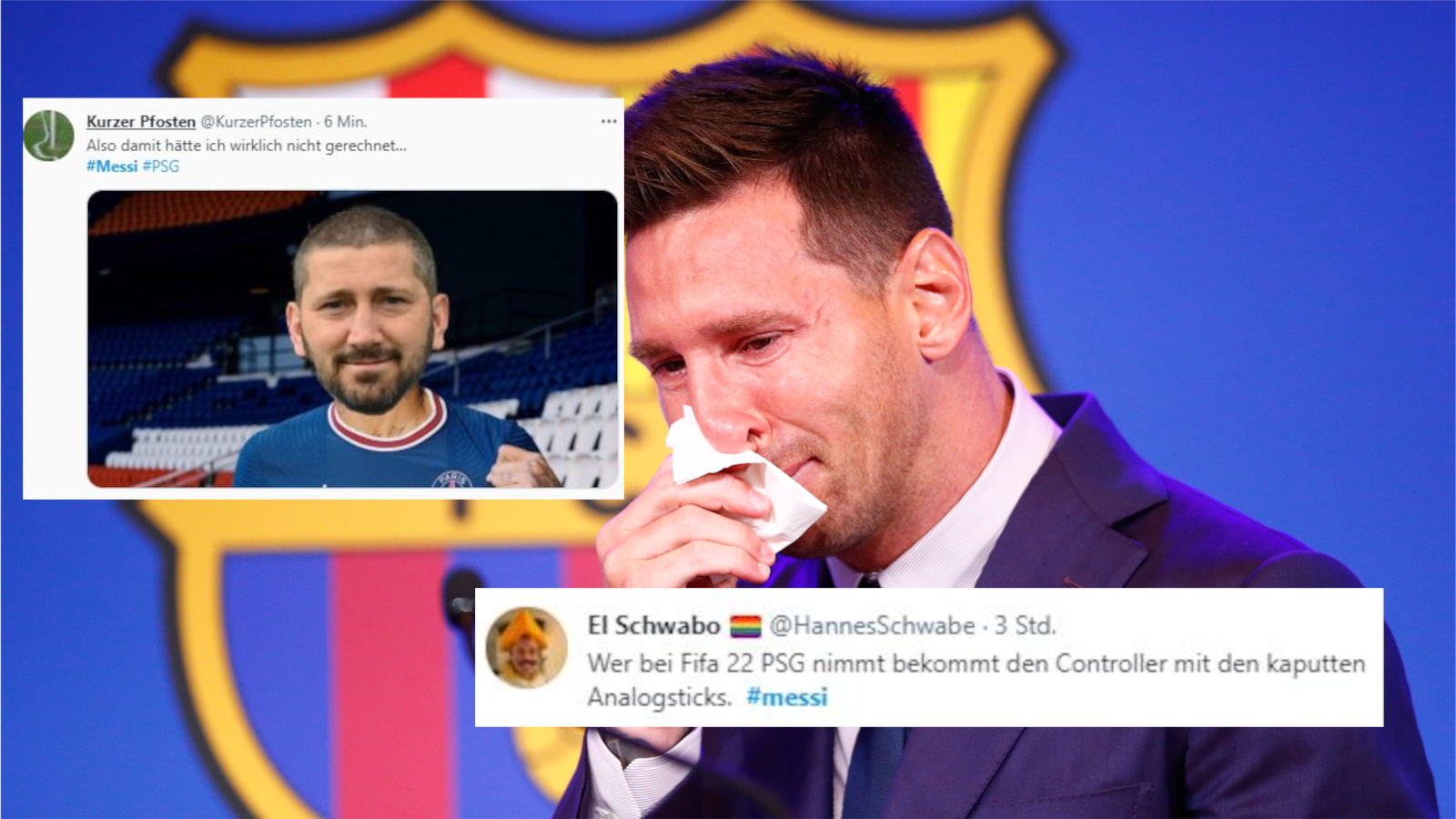 
                <strong>So reagiert das Internet auf das Messi-Beben</strong><br>
                Und jetzt auch noch die Wampe von Giesing? Auf Twitter sind die User erstaunt über den Wechsel von Sascha Mölders zu Paris Saint-Germain. Aber der ganz eigene Messi des TSV 1860 München spielt weiterhin im Grünwalder Stadion - so viel ist sicher. Ein großes Thema bezüglich des Messi-Wechsels ist auch die Aussicht auf das neue FIFA-Spiel von EA. "Wer bei FIFA 22 PSG nimmt, bekommt den Controller mit den kaputten Analog Sticks", schreibt "El Schwabo". Messi, Neymar und Mbappe? Das könnte ziemlich unfair werden - selbst mit kaputten Controllern.
              