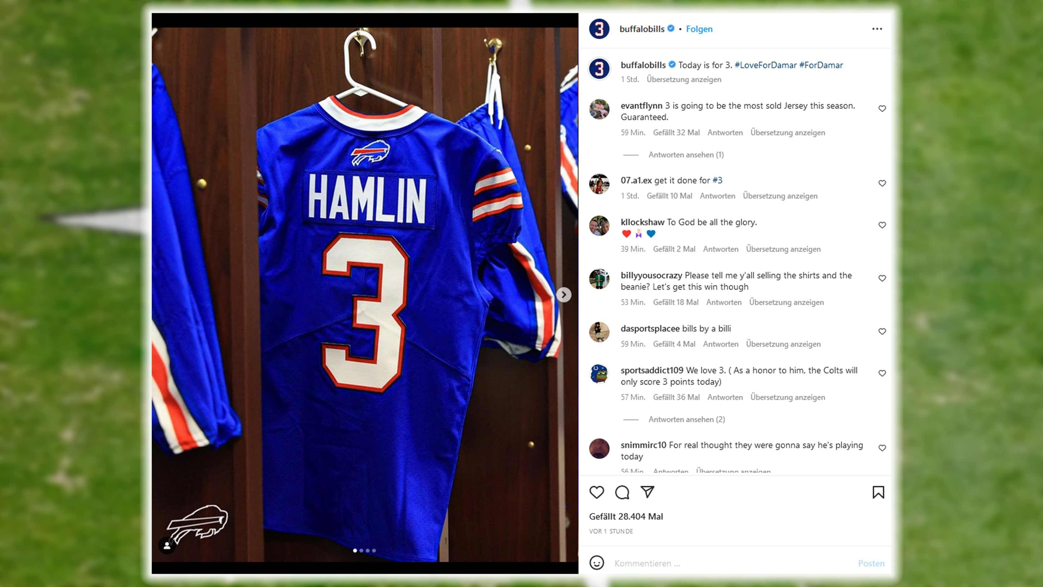 
                <strong>Buffalo Bills</strong><br>
                Vor dem Spiel der Buffalo Bills gegen die New England Patriots drehte sich alles um Bills-Safety Damar Hamlin. "Heute ist für 3", heißt es auf dem Instagram-Account des Teams.
              