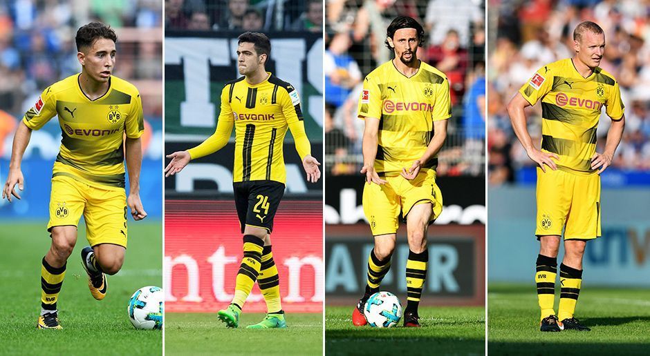 
                <strong>Borussia Dortmund</strong><br>
                Emre Mor (l.) und Mikel Merino (2.v.l.) kamen vor der Saison als vielversprechende Talente nach Dortmund. Im Gegensatz zu Ousmane Dembele kamen sie aber deutlich weniger zum Zug. Während sich Mor im Trainingslager in Bad Ragaz noch beweisen möchte, ist Merino bereits einen Schritt weiter. Er weilt offenbar bereits zum Medizincheck in England und steht vor einem Wechsel zu Newcastle United. Neben den beiden sind wohl auch Neven Subotic (2. v. r.) und Sebastian Rode (r.) mit ihrer Situation unzufrieden. Beide spielen beim BVB keine große Rolle mehr und könnten noch wechseln, um wieder mehr Einsatzzeit zu bekommen.
              