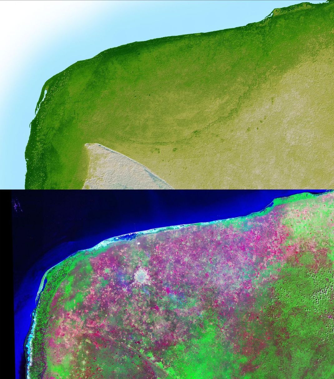 Auf Satellitenbildern ist der südliche Rand des Einschlagkraters auf der Halbinsel Yucatán noch deutlich zu erkennen.