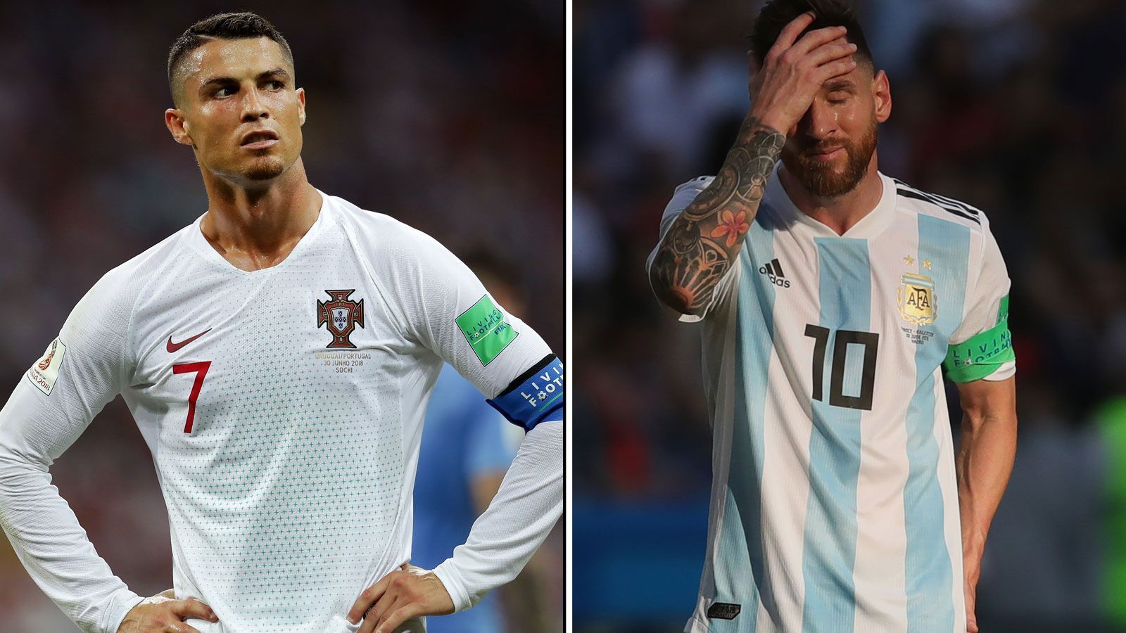 
                <strong>Ronaldo und Messi scheitern im WM-Achtelfinale</strong><br>
                Der 30. Juni 2018 geht als historischer Tag in die Fußballgeschichte ein. Denn an diesem Samstag endet sowohl für Cristiano Ronaldo (l.) als auch für Lionel Messi - die beiden seit mindestens einem Jahrzehnt dominierenden Kicker im Weltfußball - die vierte Jagd auf den goldenen WM-Pokal. Beim Turnier in Russland scheitern die Portugiesen an Uruguay, Argentinien unterliegt Frankreich. Für beide Superstars könnte es der Schlussakt beim wichtigsten Event in ihrem Sport gewesen sein. Deshalb präsentiert ran.de die WM-Bilanzen von Ronaldo und Messi. So viel sei vorweg verraten: Beide sind noch ohne Treffer in K.o.-Spielen bei Weltmeisterschaften.
              