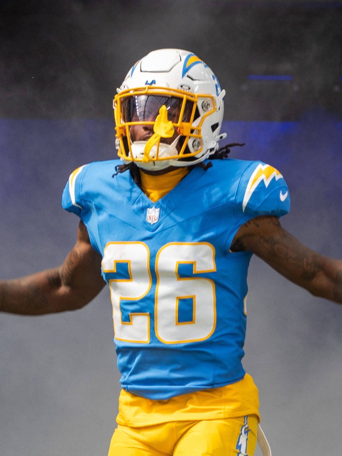September 29, 2024, Los Angeles, California, USA: Los Angeles Chargers cornerback Asante Samuel Jr. 26 is introduced before an NFL, American Football Herren, USA football game against the Kansas Ci...