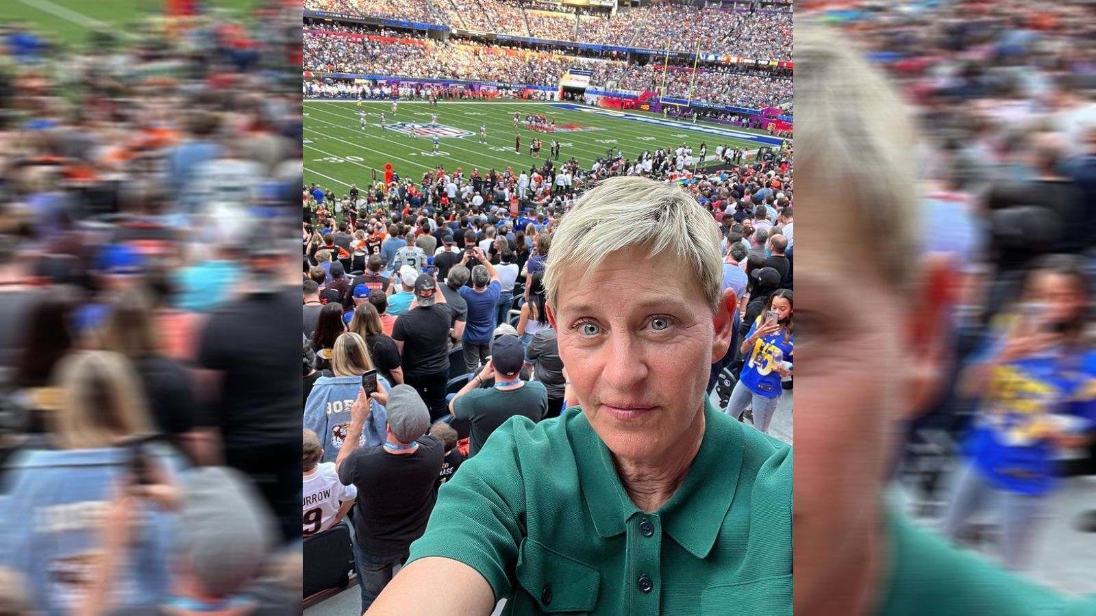 
                <strong>Ellen DeGeneres</strong><br>
                Talk-Show-Moderatorin Ellen DeGeneres "bestätigte" durch ein Selfie auf Instagram ihre Anwesenheit beim Super Bowl LVI. 
              